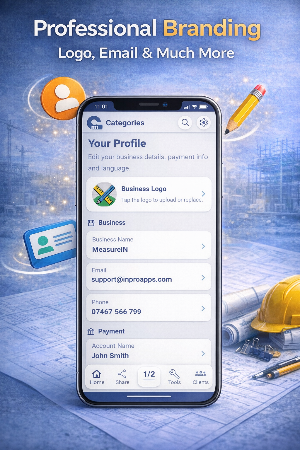 Profile – business details for professional outputs